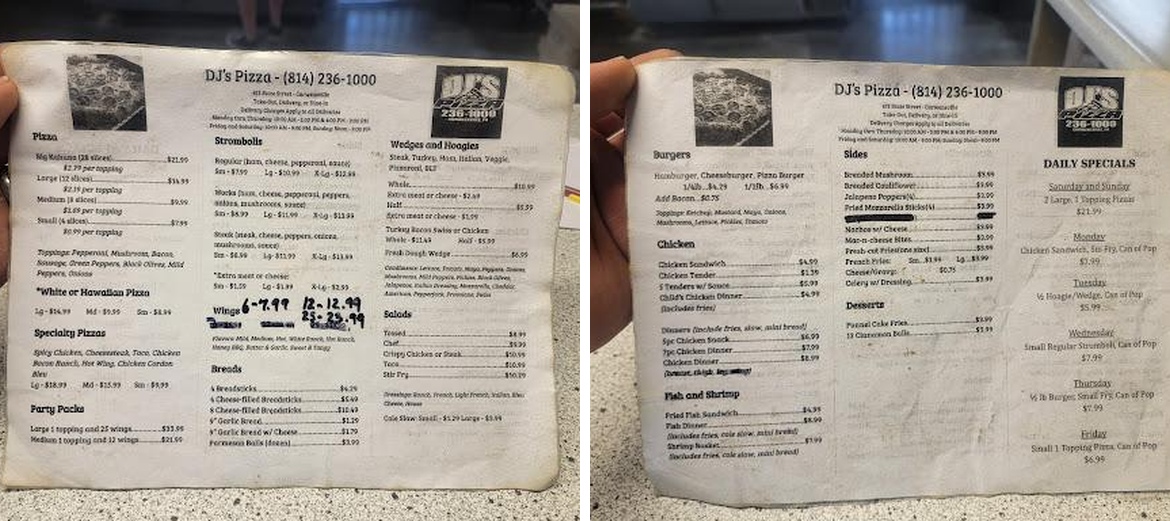 D J's Pizza Menu